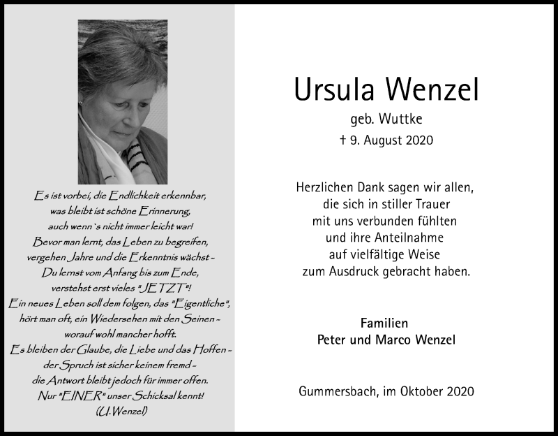  Traueranzeige für Ursula Wenzel vom 03.10.2020 aus Kölner Stadt-Anzeiger / Kölnische Rundschau / Express