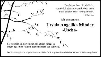 Anzeige von Ursula Angelika Minder von Kölner Stadt-Anzeiger / Kölnische Rundschau / Express