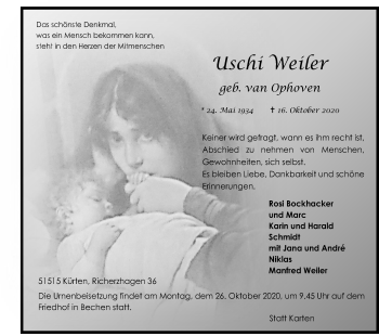 Anzeige von Uschi Weiler von Kölner Stadt-Anzeiger / Kölnische Rundschau / Express