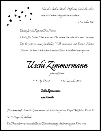 Anzeige von Uschi Zimmermann von Kölner Stadt-Anzeiger / Kölnische Rundschau / Express
