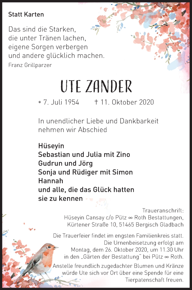  Traueranzeige für Ute Zander vom 21.10.2020 aus Kölner Stadt-Anzeiger / Kölnische Rundschau / Express