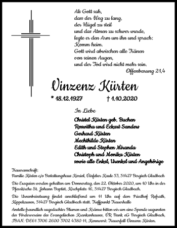 Anzeige von Vinzenz Kürten von Kölner Stadt-Anzeiger / Kölnische Rundschau / Express