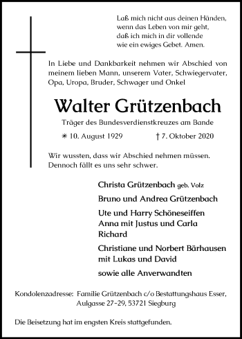 Anzeige von Walter Grützenbach von Kölner Stadt-Anzeiger / Kölnische Rundschau / Express