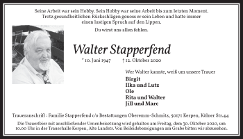 Anzeige von Walter Stapperfend von  Werbepost 