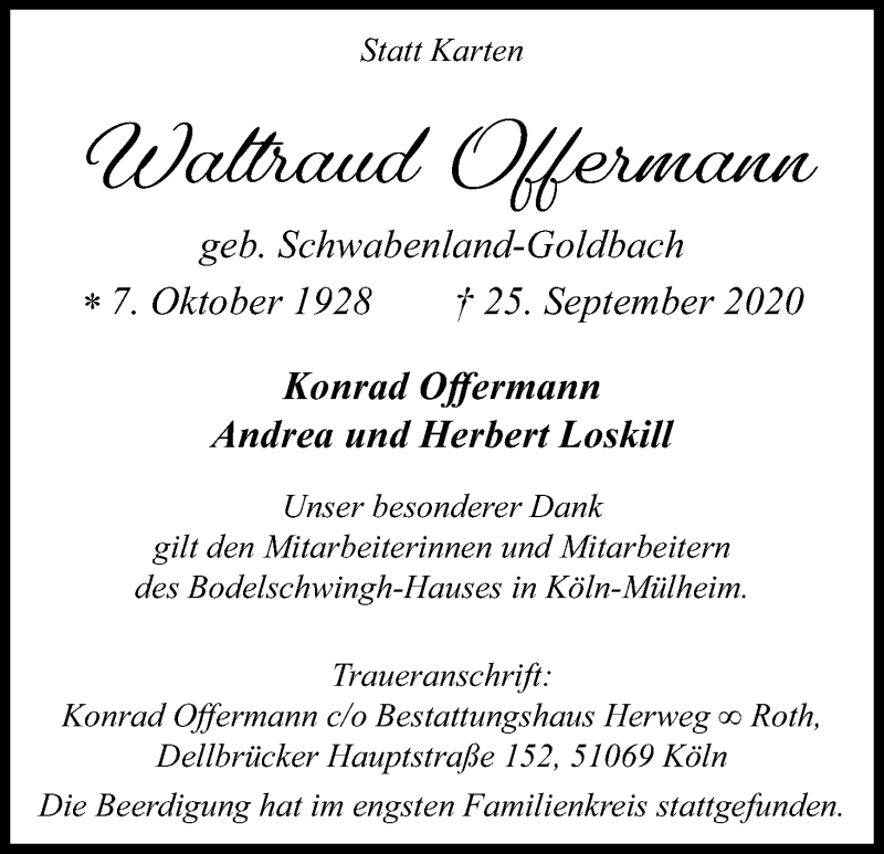  Traueranzeige für Waltraud Offermann vom 10.10.2020 aus Kölner Stadt-Anzeiger / Kölnische Rundschau / Express