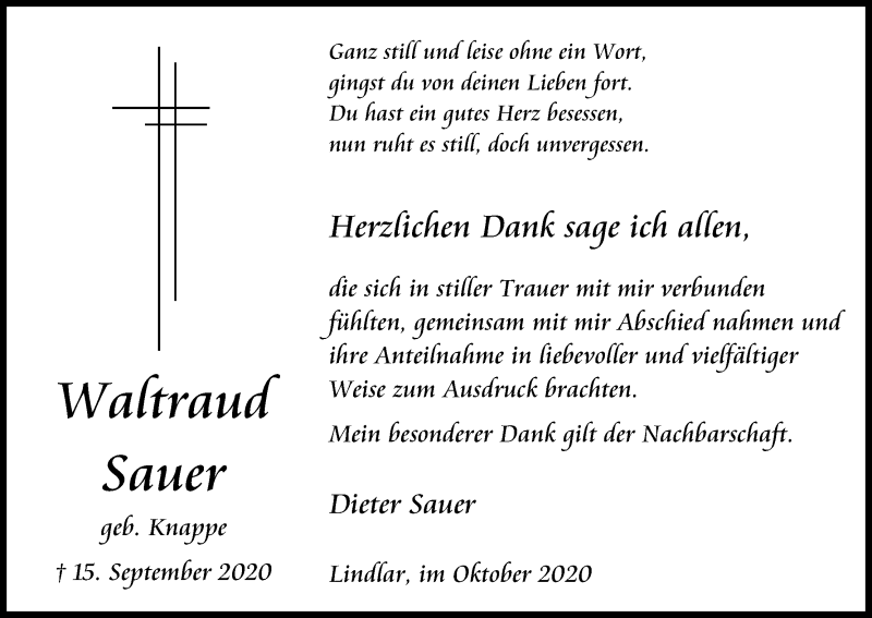  Traueranzeige für Waltraud Sauer vom 10.10.2020 aus Kölner Stadt-Anzeiger / Kölnische Rundschau / Express