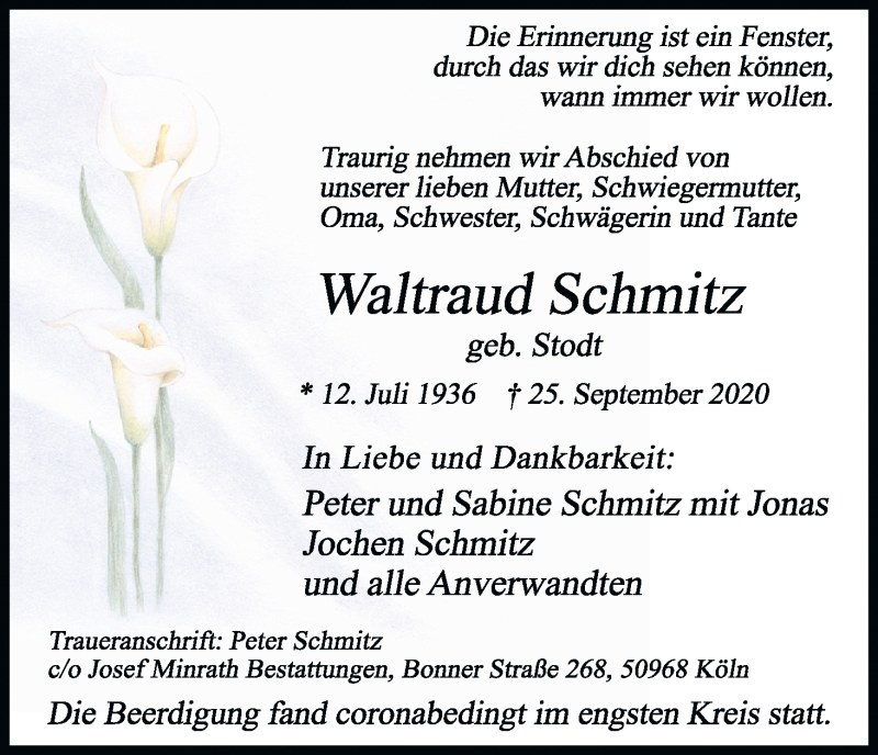  Traueranzeige für Waltraud Schmitz vom 24.10.2020 aus Kölner Stadt-Anzeiger / Kölnische Rundschau / Express