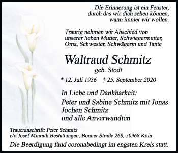 Anzeige von Waltraud Schmitz von Kölner Stadt-Anzeiger / Kölnische Rundschau / Express