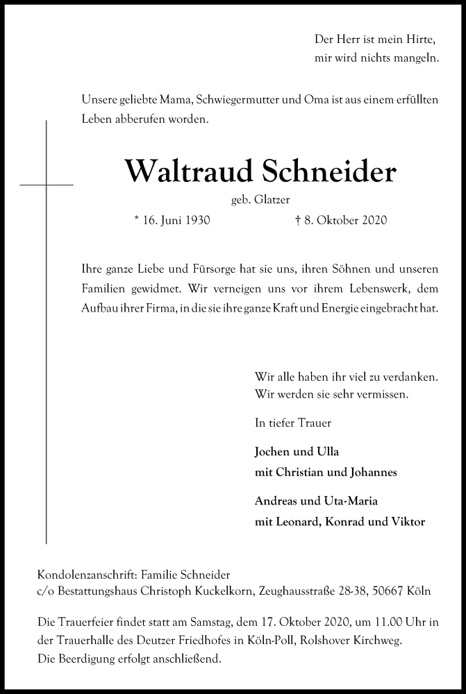  Traueranzeige für Waltraud Schneider vom 14.10.2020 aus Kölner Stadt-Anzeiger / Kölnische Rundschau / Express