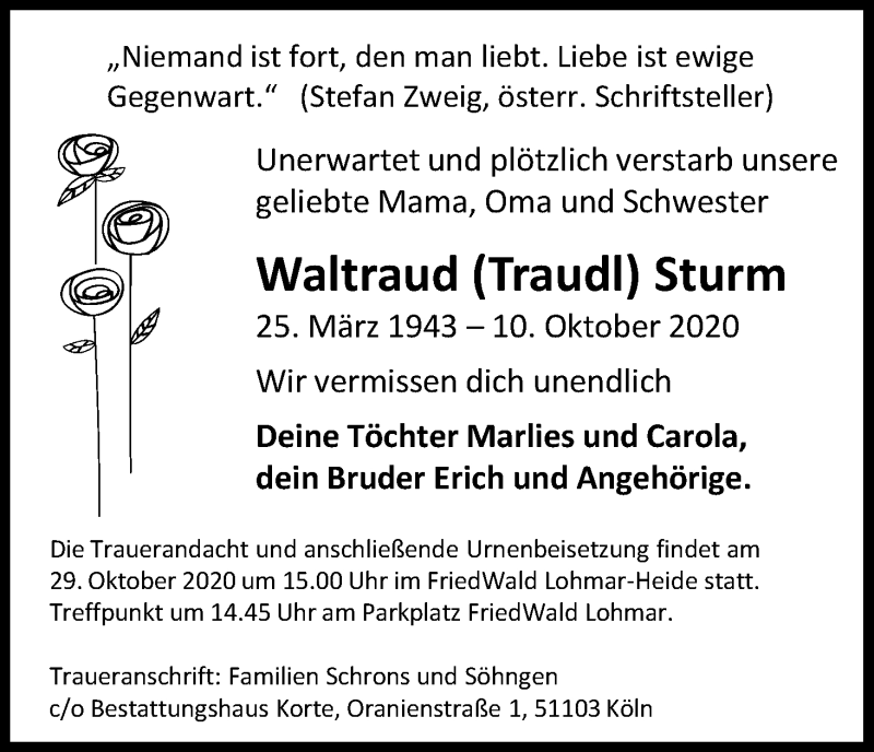  Traueranzeige für Waltraud Sturm vom 24.10.2020 aus Kölner Stadt-Anzeiger / Kölnische Rundschau / Express