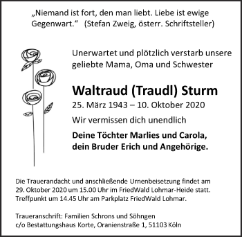 Anzeige von Waltraud Sturm von  Kölner Wochenspiegel 