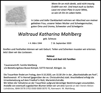 Anzeige von Waltraud Katharina Mahlberg von Kölner Stadt-Anzeiger / Kölnische Rundschau / Express