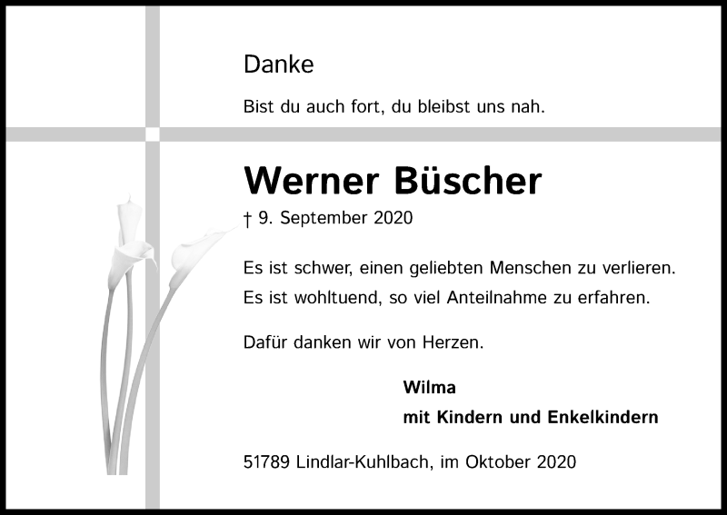  Traueranzeige für Werner Büscher vom 24.10.2020 aus Kölner Stadt-Anzeiger / Kölnische Rundschau / Express