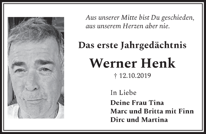  Traueranzeige für Werner Henk vom 09.10.2020 aus  Schlossbote/Werbekurier 