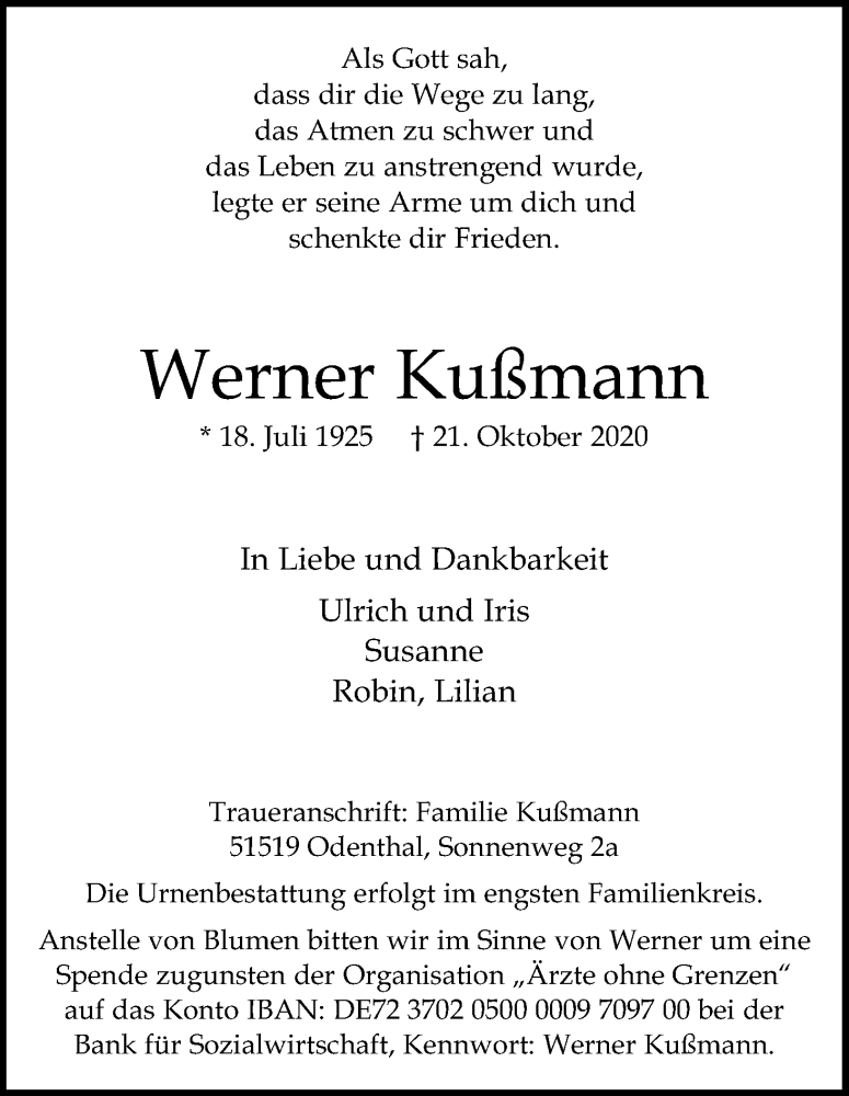  Traueranzeige für Werner Kußmann vom 31.10.2020 aus Kölner Stadt-Anzeiger / Kölnische Rundschau / Express