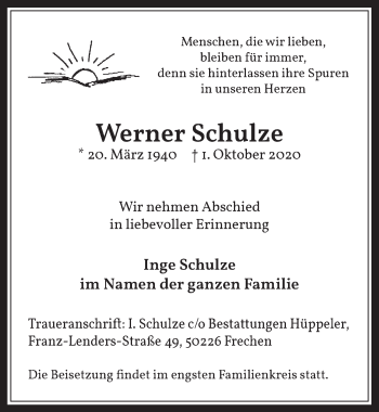Anzeige von Werner Schulze von  Wochenende 