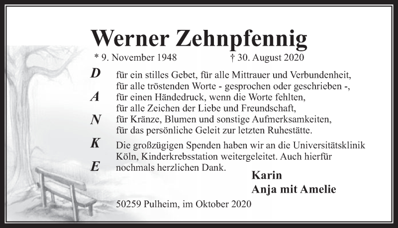  Traueranzeige für Werner Zehnpfennig vom 09.10.2020 aus  Wochenende 