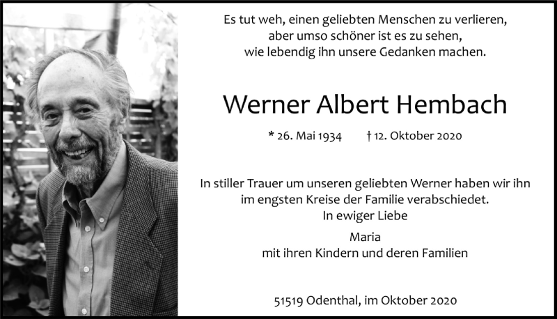  Traueranzeige für Werner Albert Hembach vom 23.10.2020 aus  Bergisches Handelsblatt 