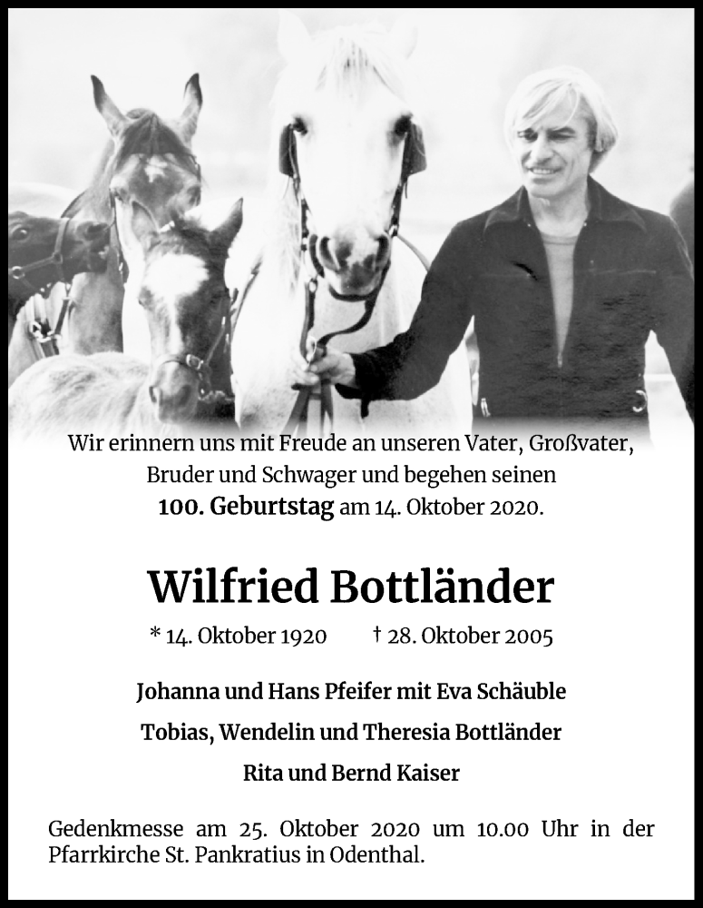  Traueranzeige für Wilfried Bottländer vom 14.10.2020 aus Kölner Stadt-Anzeiger / Kölnische Rundschau / Express