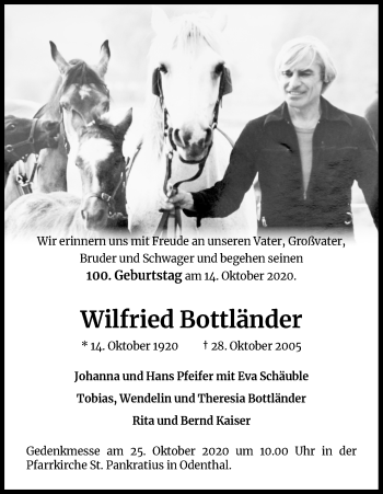 Anzeige von Wilfried Bottländer von Kölner Stadt-Anzeiger / Kölnische Rundschau / Express