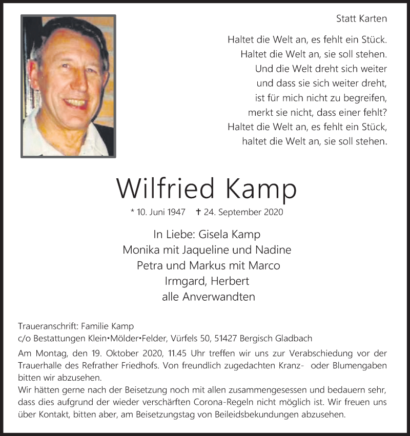  Traueranzeige für Wilfried Kamp vom 10.10.2020 aus Kölner Stadt-Anzeiger / Kölnische Rundschau / Express