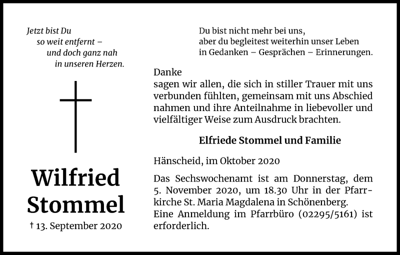  Traueranzeige für Wilfried Stommel vom 24.10.2020 aus Kölner Stadt-Anzeiger / Kölnische Rundschau / Express