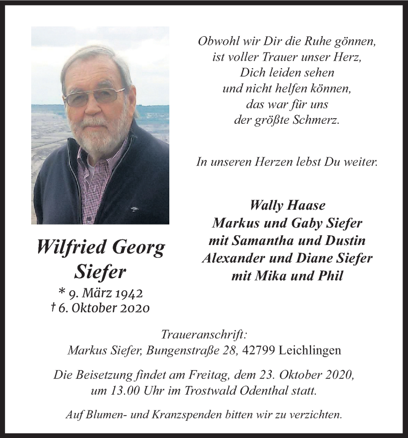  Traueranzeige für Wilfried Georg Siefer vom 21.10.2020 aus Kölner Stadt-Anzeiger / Kölnische Rundschau / Express