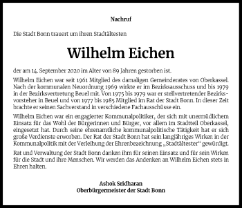 Anzeige von Wilhelm Eichen von Kölner Stadt-Anzeiger / Kölnische Rundschau / Express