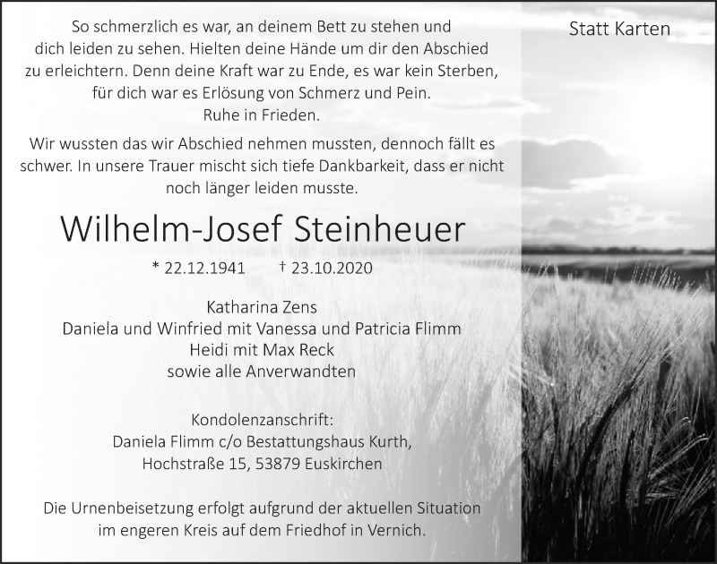 Traueranzeige für Wilhelm-Josef Steinheuer vom 31.10.2020 aus  Blickpunkt Euskirchen 