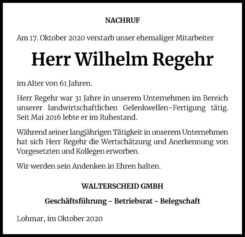  Traueranzeige für Wilhelm Regehr vom 31.10.2020 aus Kölner Stadt-Anzeiger / Kölnische Rundschau / Express