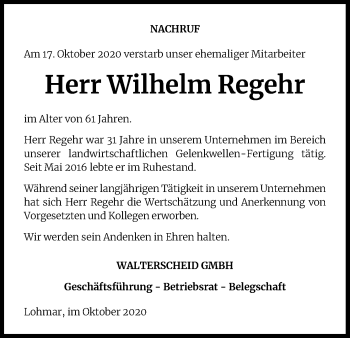 Anzeige von Wilhelm Regehr von Kölner Stadt-Anzeiger / Kölnische Rundschau / Express