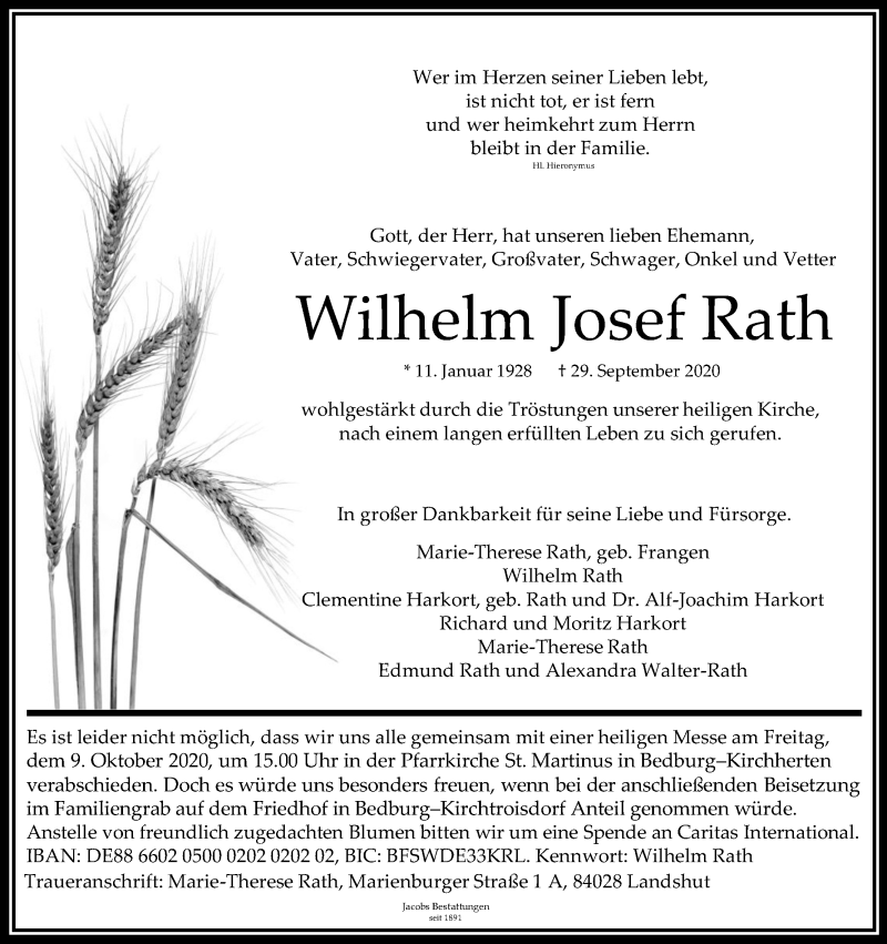  Traueranzeige für Wilhelm Josef Rath vom 07.10.2020 aus Kölner Stadt-Anzeiger / Kölnische Rundschau / Express