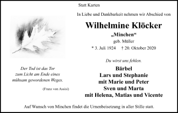 Anzeige von Wilhelmine Klöcker von Kölner Stadt-Anzeiger / Kölnische Rundschau / Express