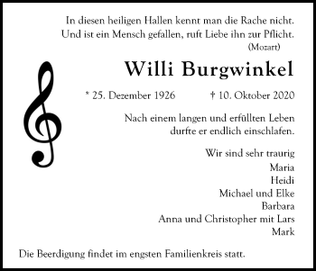 Anzeige von Willi Burgwinkel von Kölner Stadt-Anzeiger / Kölnische Rundschau / Express