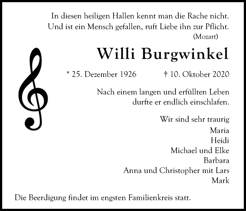  Traueranzeige für Willi Burgwinkel vom 17.10.2020 aus Kölner Stadt-Anzeiger / Kölnische Rundschau / Express