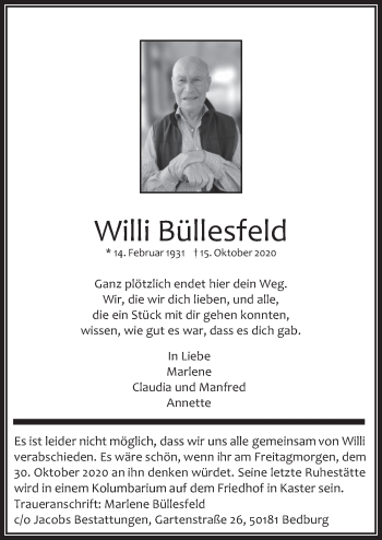 Anzeige von Willi Büllesfeld von  Werbepost 