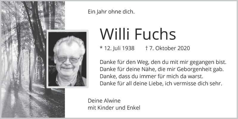  Traueranzeige für Willi Fuchs vom 10.10.2020 aus  Blickpunkt Euskirchen 