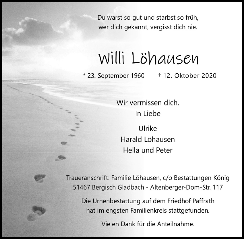  Traueranzeige für Willi Löhausen vom 30.10.2020 aus  Bergisches Handelsblatt 