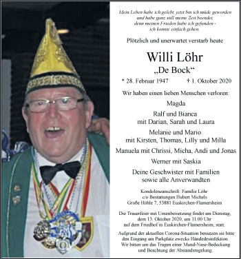 Anzeige von Willi Löhr von  Blickpunkt Euskirchen 