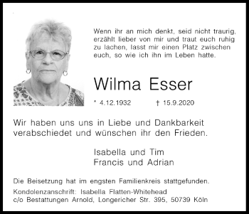 Anzeige von Wilma Esser von Kölner Stadt-Anzeiger / Kölnische Rundschau / Express