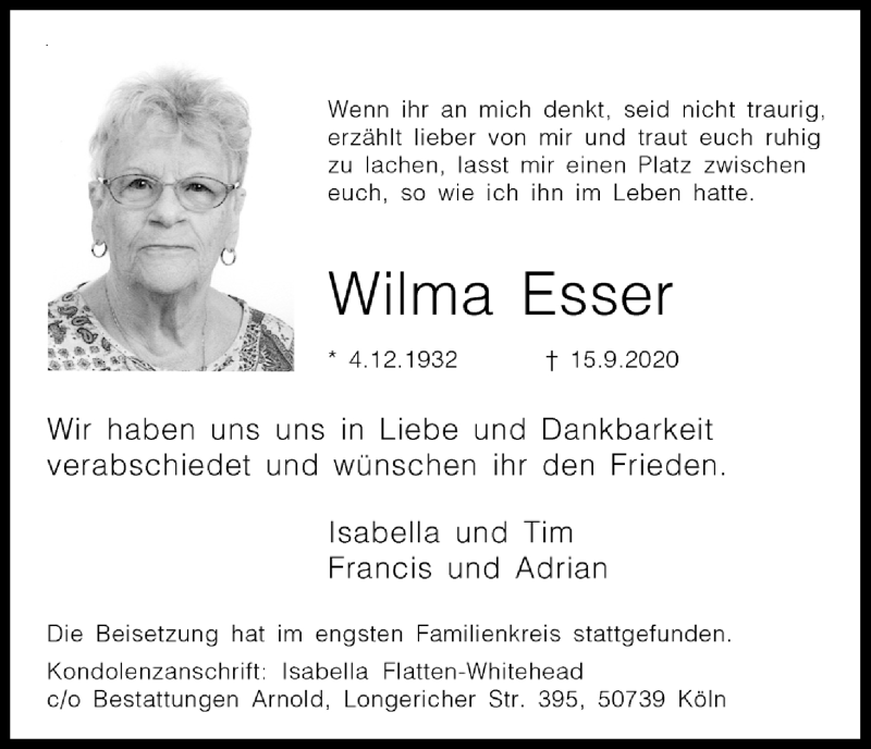  Traueranzeige für Wilma Esser vom 03.10.2020 aus Kölner Stadt-Anzeiger / Kölnische Rundschau / Express
