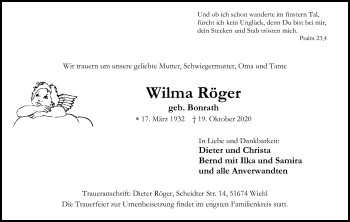 Anzeige von Wilma Röger von Kölner Stadt-Anzeiger / Kölnische Rundschau / Express