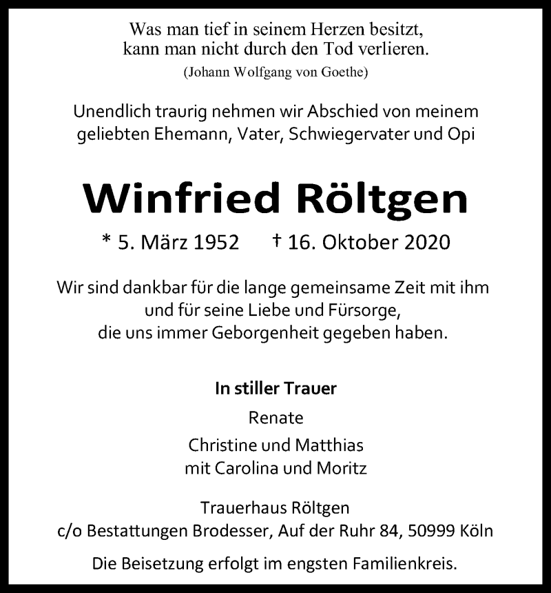  Traueranzeige für Winfried Röltgen vom 31.10.2020 aus Kölner Stadt-Anzeiger / Kölnische Rundschau / Express