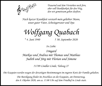 Anzeige von Wolfgang Quabach von Kölner Stadt-Anzeiger / Kölnische Rundschau / Express