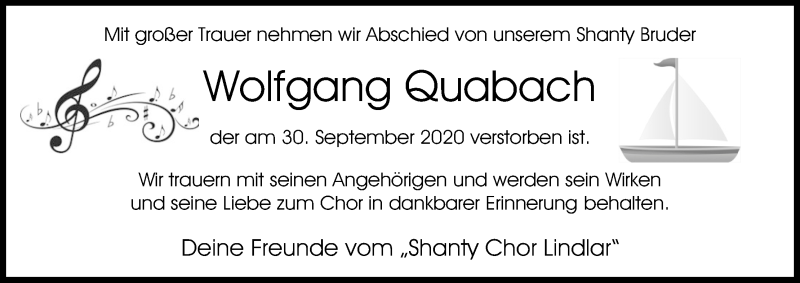  Traueranzeige für Wolfgang Quabach vom 17.10.2020 aus Kölner Stadt-Anzeiger / Kölnische Rundschau / Express