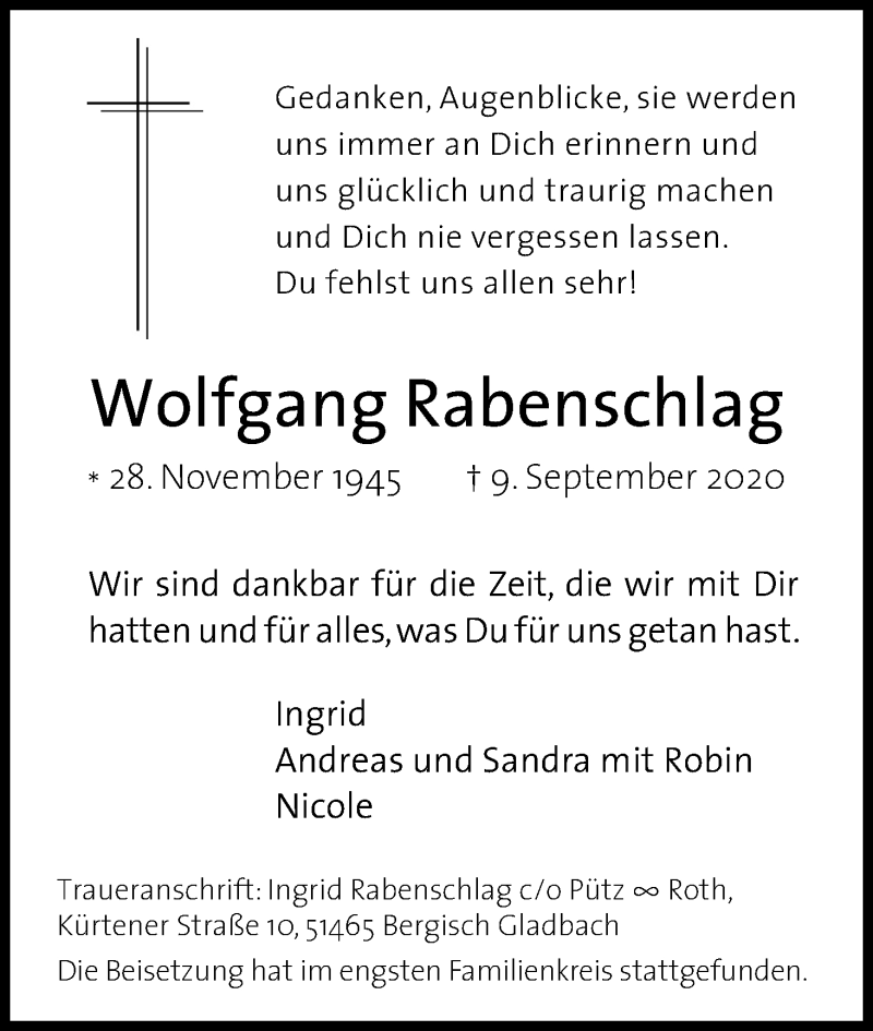  Traueranzeige für Wolfgang Rabenschlag vom 17.10.2020 aus Kölner Stadt-Anzeiger / Kölnische Rundschau / Express