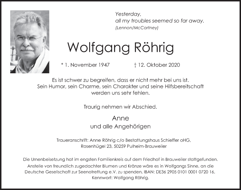  Traueranzeige für Wolfgang Röhrig vom 23.10.2020 aus  Wochenende 