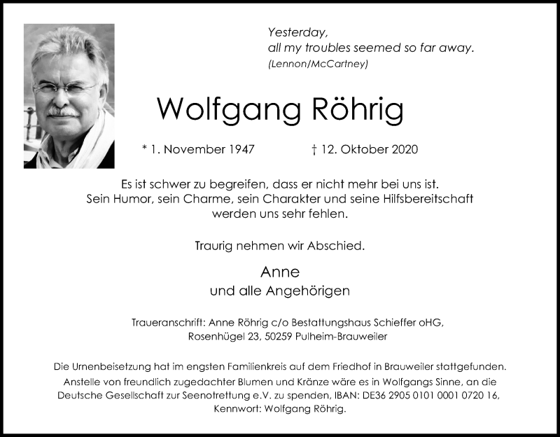  Traueranzeige für Wolfgang Röhrig vom 24.10.2020 aus Kölner Stadt-Anzeiger / Kölnische Rundschau / Express