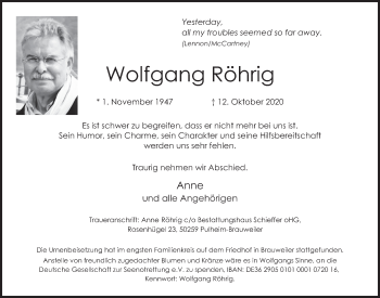 Anzeige von Wolfgang Röhrig von  Wochenende 