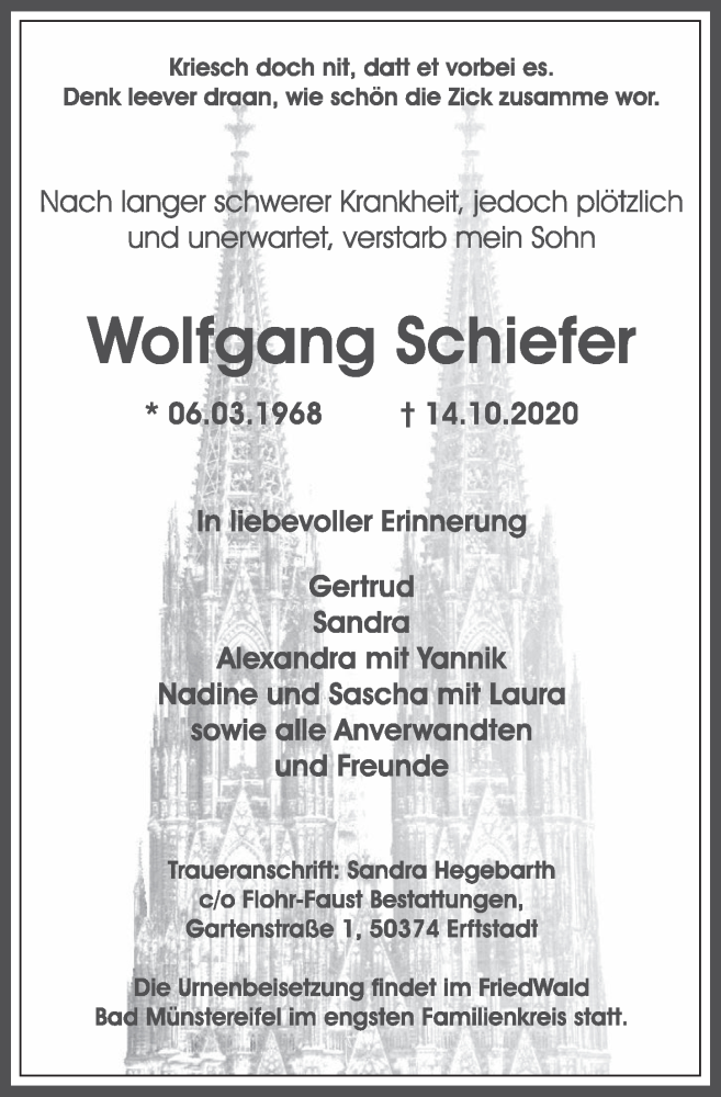  Traueranzeige für Wolfgang Schiefer vom 30.10.2020 aus  Werbepost 